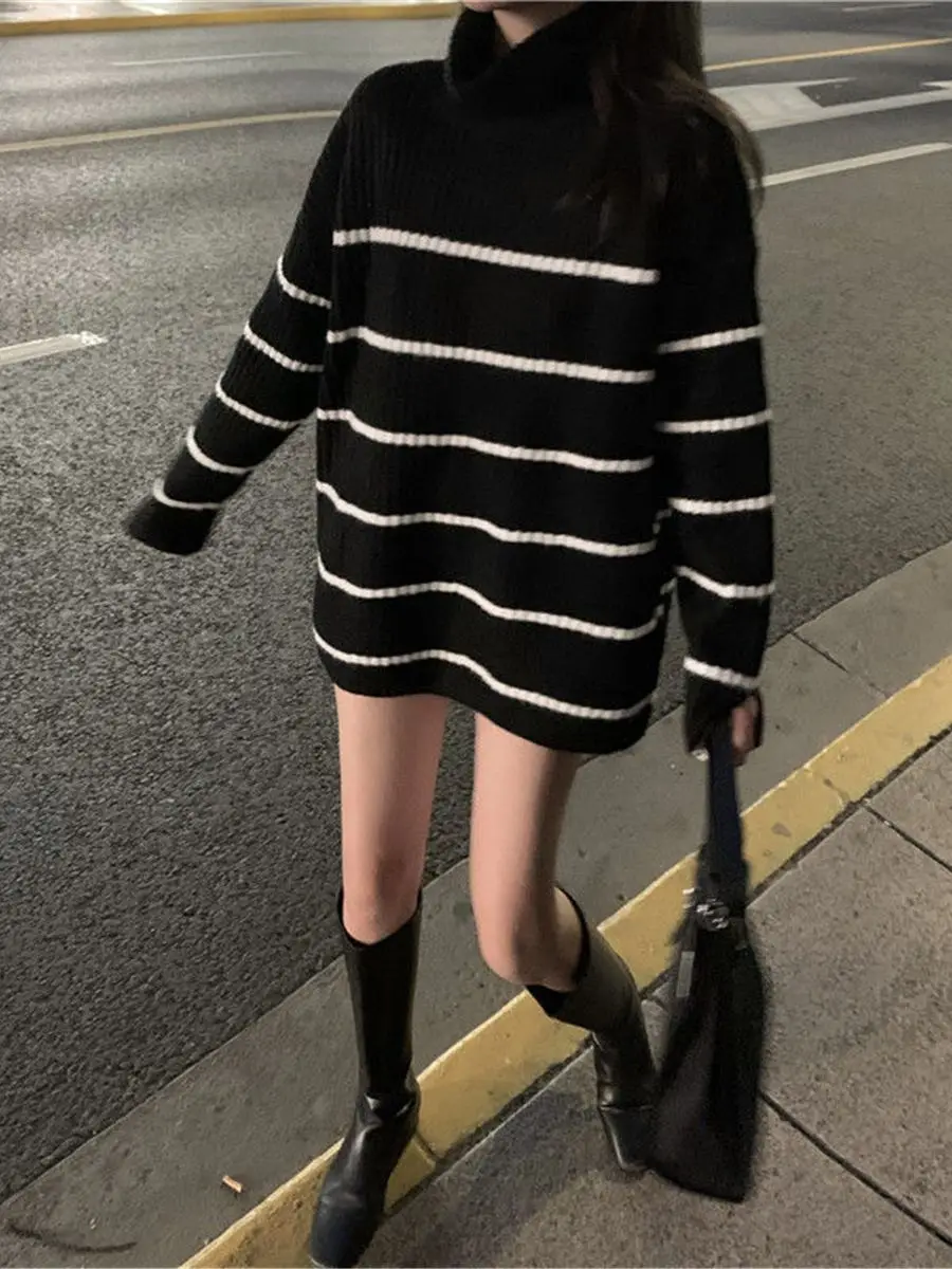 Модные полосатые топы Ulzzang Женский вязаный свитер зимняя свободная водолазка в