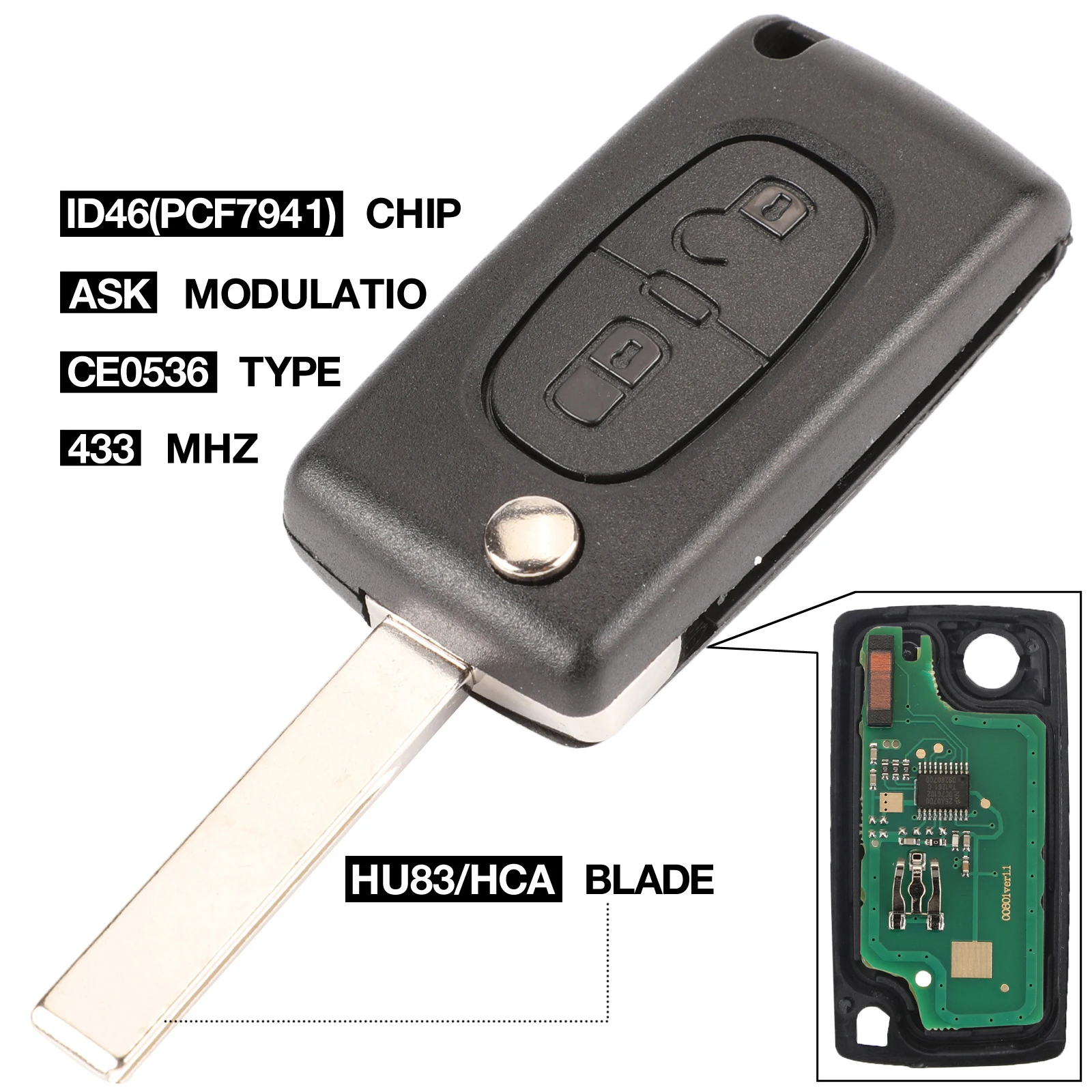 jingyuqin Hu83/HCA 2 BTN Remote Car Key For Peugeot 307 3008 308 408 433MHz ask PCF7961 ID46 CE0536 Flip Key Fob with Battery