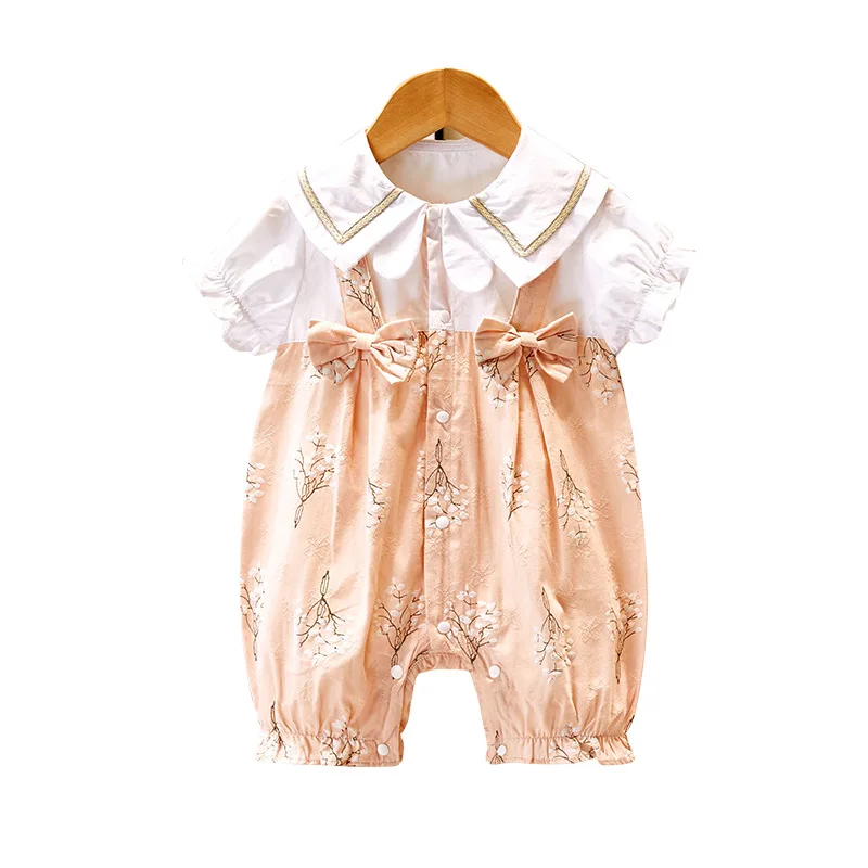 

Комбинезон для маленьких девочек, летняя одежда для новорожденных, хлопковый комбинезон для младенцев с бантом, шортами и рукавами, 0-24