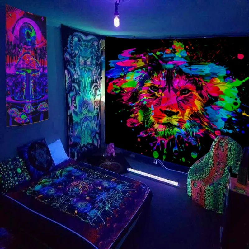 

Bohemian Style Fluorescent Tapestry Fantasy Starry Sky Lion Blue Light Hanging Cloth Home Various Sizes Decoration Wall Hanging
