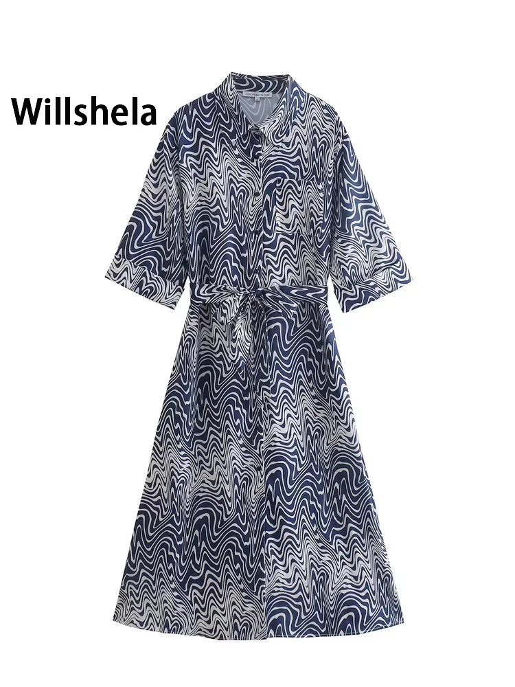 

Willshela женское модное однобортное платье миди с поясом и принтом, винтажное платье с отворотом и рукавами до локтя, женское шикарное платье