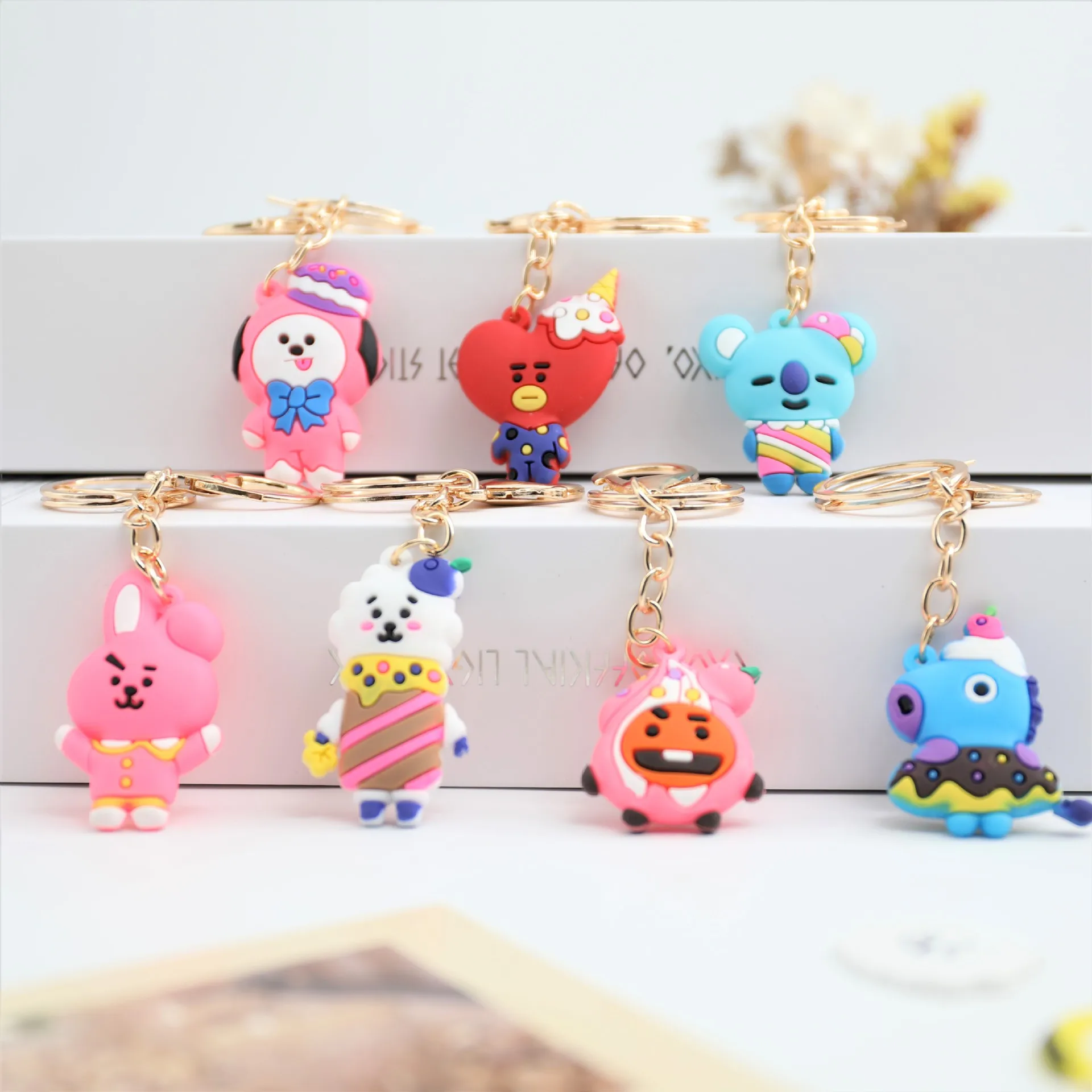 

Kawaii BT21 Doll Keychain Cartoon Kpop Anime Ice Cream PVC Bag Pendant DIY Creative Puppy Bunny Key Ring Accessories Gifts Toys