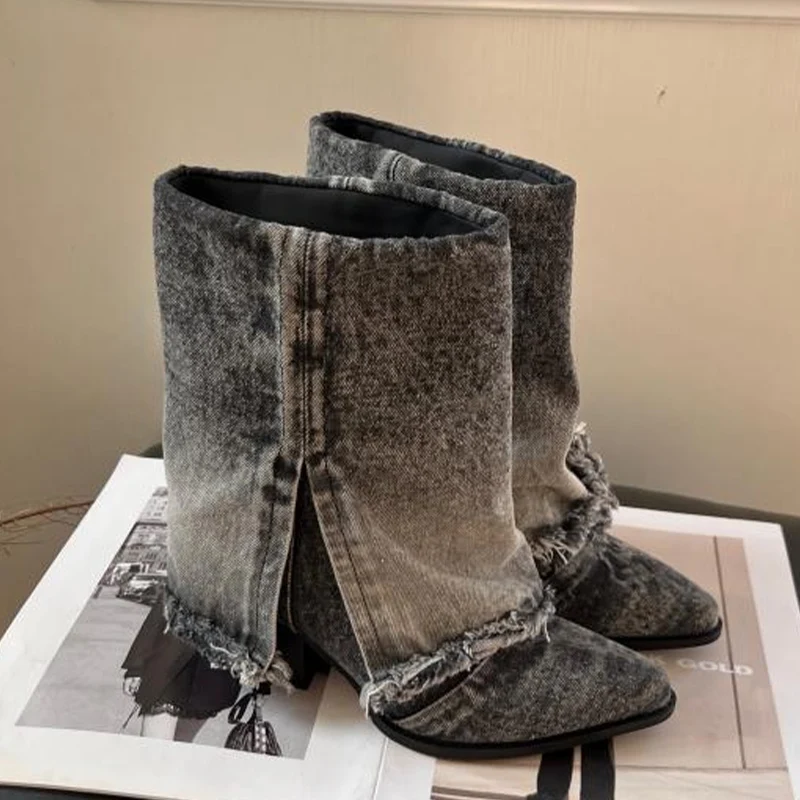 Женские ковбойские ботинки челси до середины икры с острым носком дизайнерская