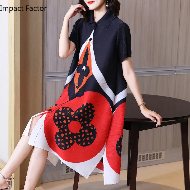 

High End Pleated Shirt Dress 2022 New Women's Foreign Style Printed Loose Single Breasted Shirt Summer Best Seller