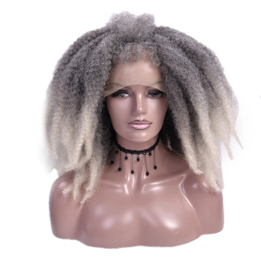 

14Inch Natural Frizzy Afro Hair Wig Synthetic Lace Front Wig Marley Braiding Hair Afro Kinky Twist Hair Ombre Black For Women
