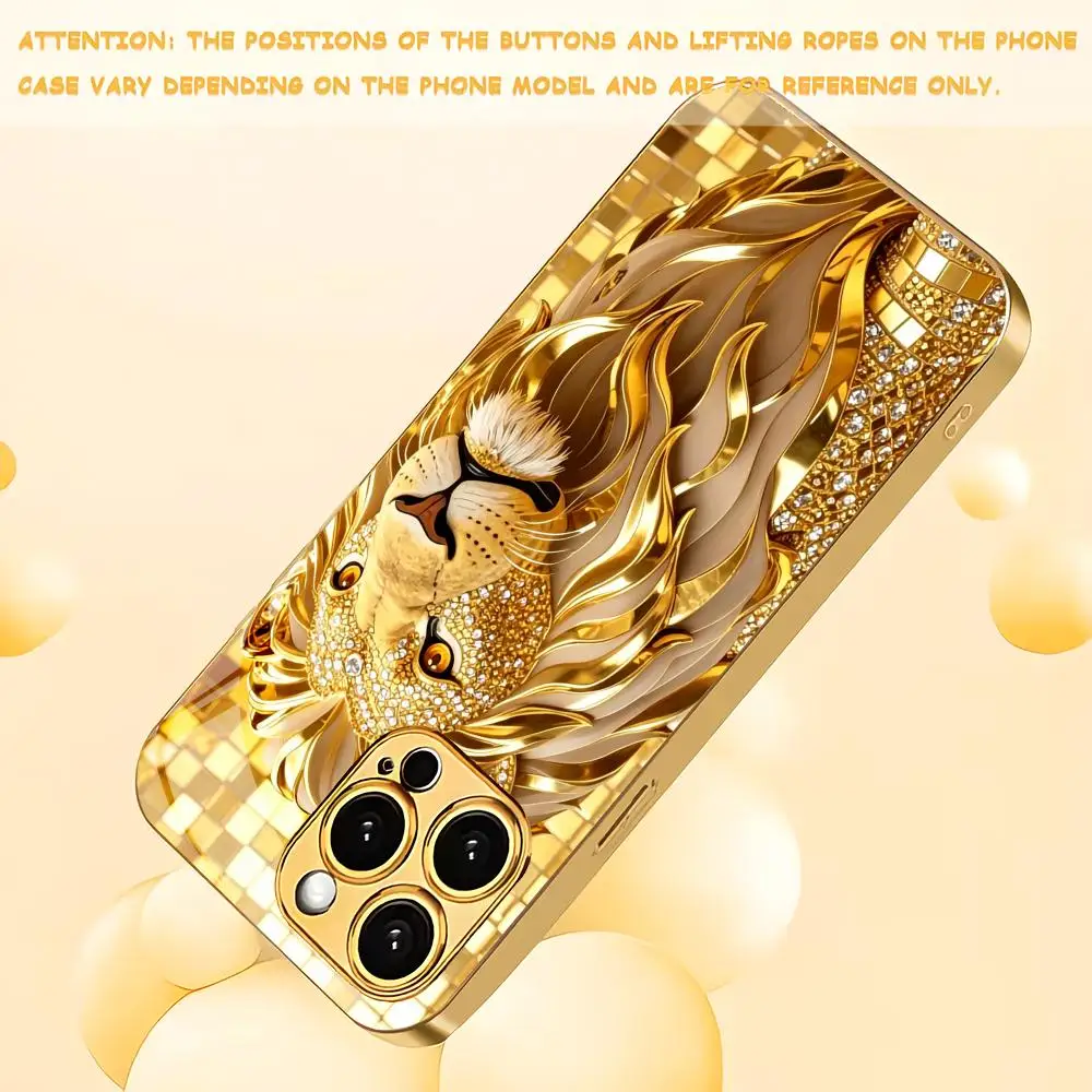 Фото Металлический чехол для телефона Majestic Golden Lion из стекла с эффектом металлик, подходит для iPhone 17 16 15 14 13 12 11 Pro/Max/Plus, противоударная задняя крышка №3