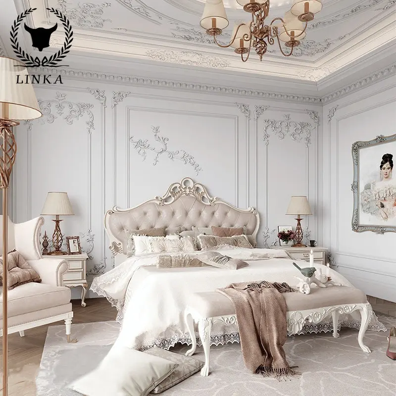 

Роскошная кремовая подвесная кровать для дворца с резьбой по дереву во французском стиле, свадебная кровать 1,8, большая кровать 2 м, изысканная ручная резьба