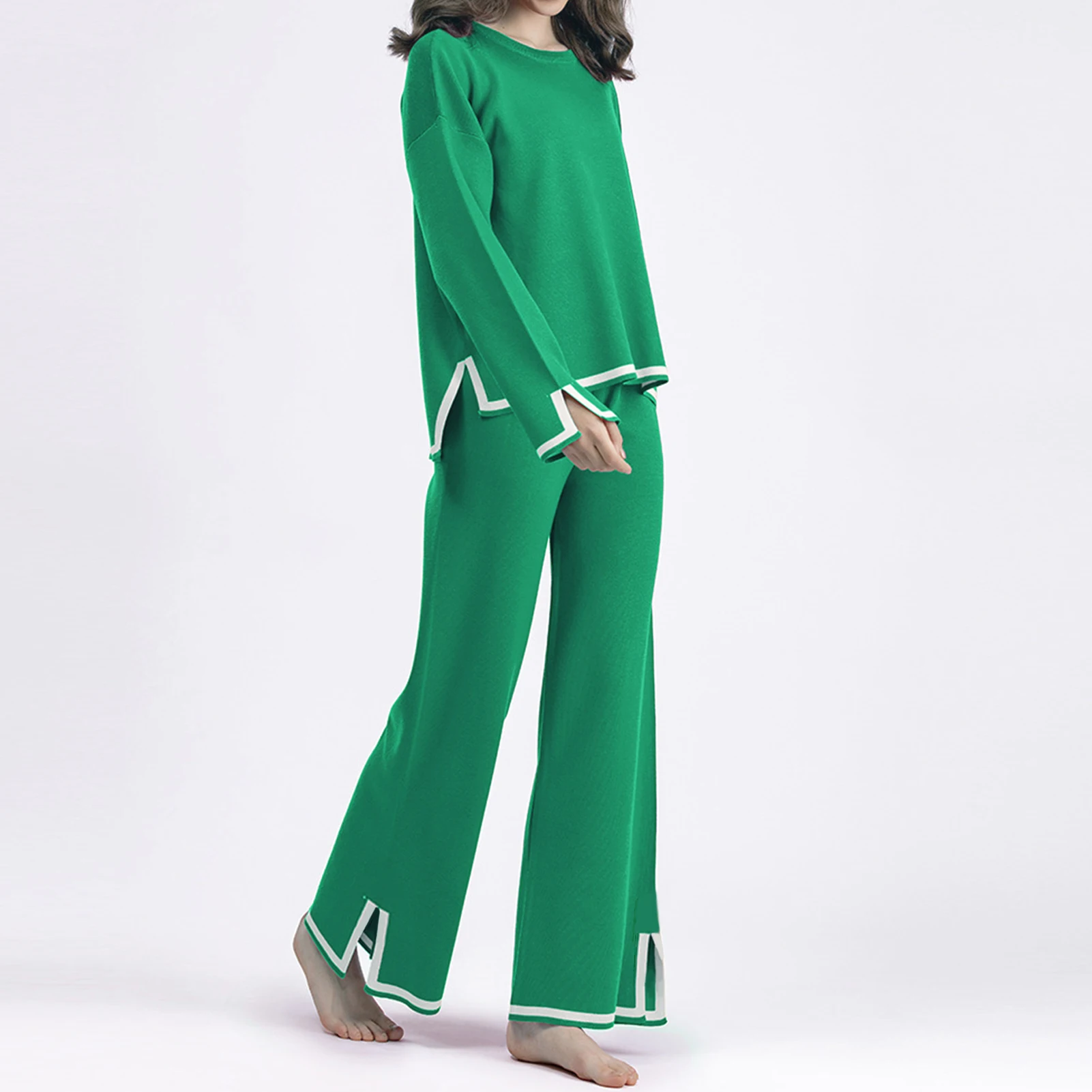 

Женский комплект из рубашки с круглым вырезом и широких брюк, простая трикотажная футболка и брюки с эластичным поясом, повседневный СВОБОДНЫЙ Модный комплект для отдыха