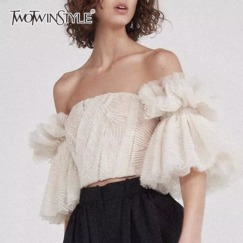 

TWOTWINSTYLE Strapless Shirt For Women Off Shoulder Embroidery Ruffles Flare Sleeve Sexy Short Tops Summer Fashion 2022 Clothing