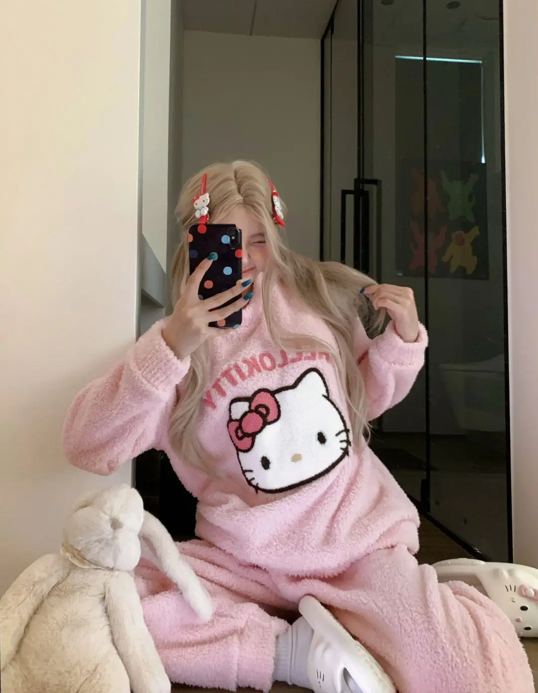 2024 New Autumn And Winter Sanrio HELLO KITTY Coral Velvet Plus Striped Suit Pajamas For Women Flannel Home Clothes