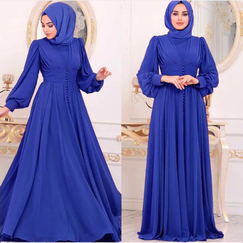 2022 Middle East Muslim Womens Long Dress Solid Color Large Size Chiffon Studded A-line Abayas for Women Islamic Clothing