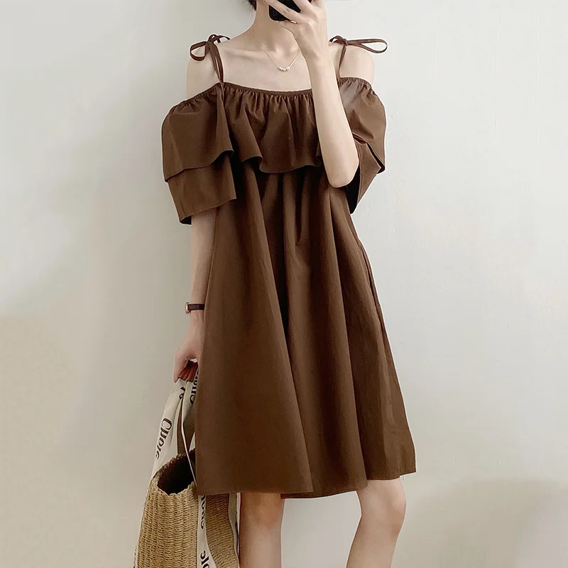 

Summer 2022 Women's Suspender Dress Ruffled Off the Shoulder Casual Ladies Fashion Short Sleeve Loose Waist Clothing Female 2997