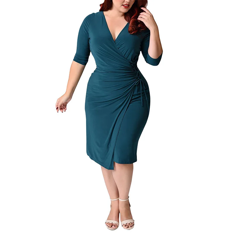 Evening Party Sexy Plus Size Women's Clothing Solid Color Deep V-Neck Shirring Three Quarter Sleeve Spring Autumn Slim Dress