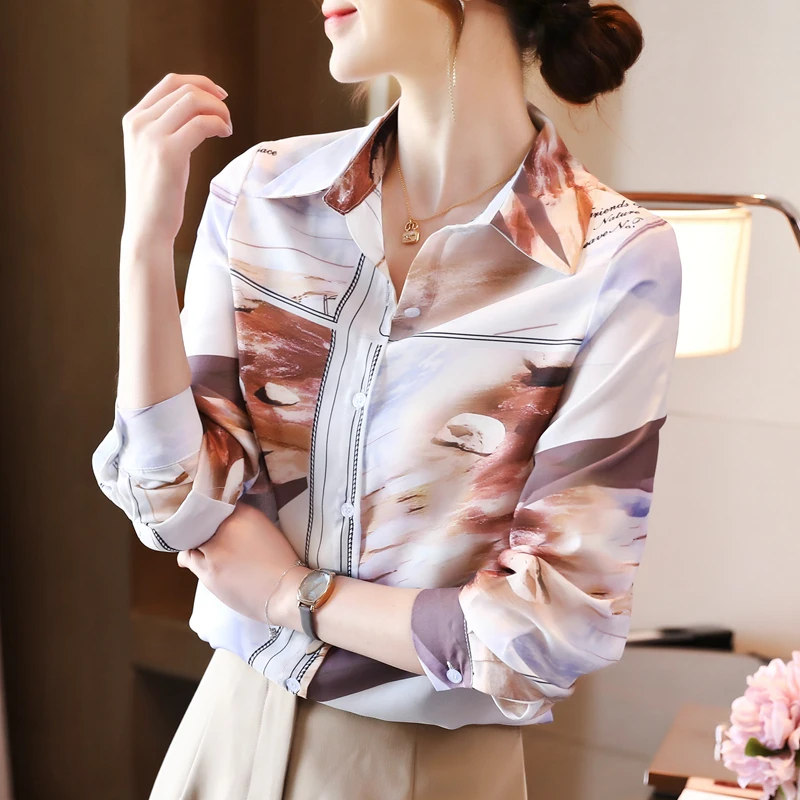 

Женская шифоновая блузка с принтом, Повседневная рубашка-поло, новинка, корейский летний Свободный Топ на пуговицах с длинным рукавом