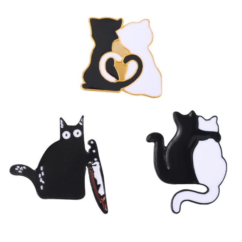 

Cat Tail Dagger Brooch Black White Cat Lover Brooch Black And White Cat Hugging Brooch Enamel Pins Women Jewelry Gifts