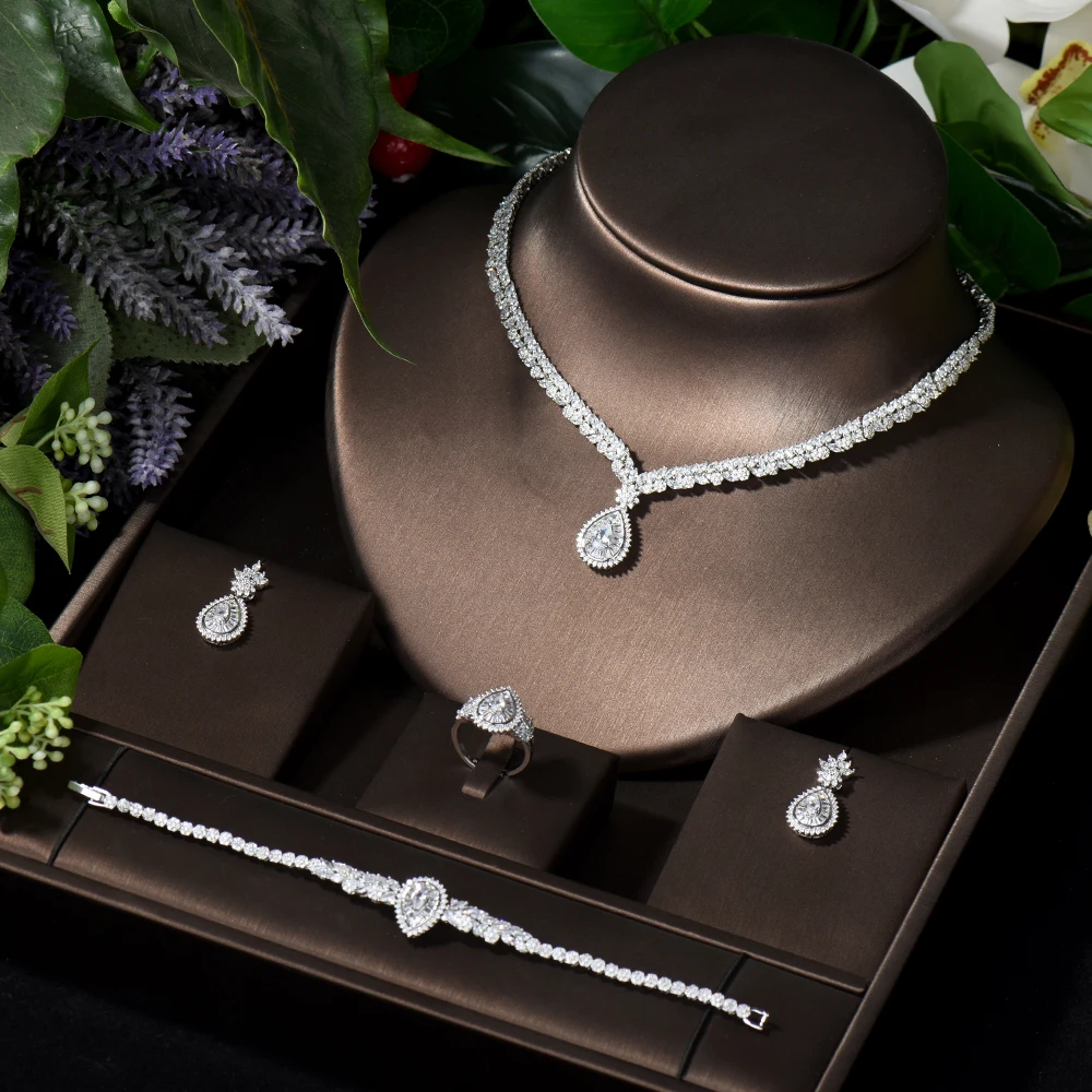 HIBRIDE Romantic 4PCS Water Drop Statement Jewelry Sets for Women Wedding Party Full Zircon Dubai Bridal Necklace Earring S-041