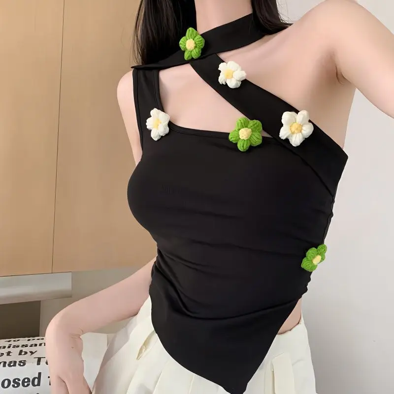 

2023 Summer New 3D Flower Camisole Neck Hanging Hollow Spice Girl Split Slim Sexy Top tank women clothes