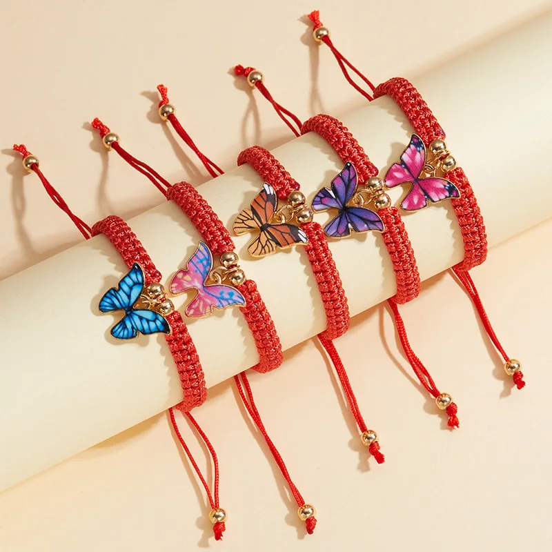 

Lucky Bracelet Metal Drop Oil Colorful Butterfly Charms Animal Handmade Red String Thread Rope Couple Bracelets Jewelry Gift