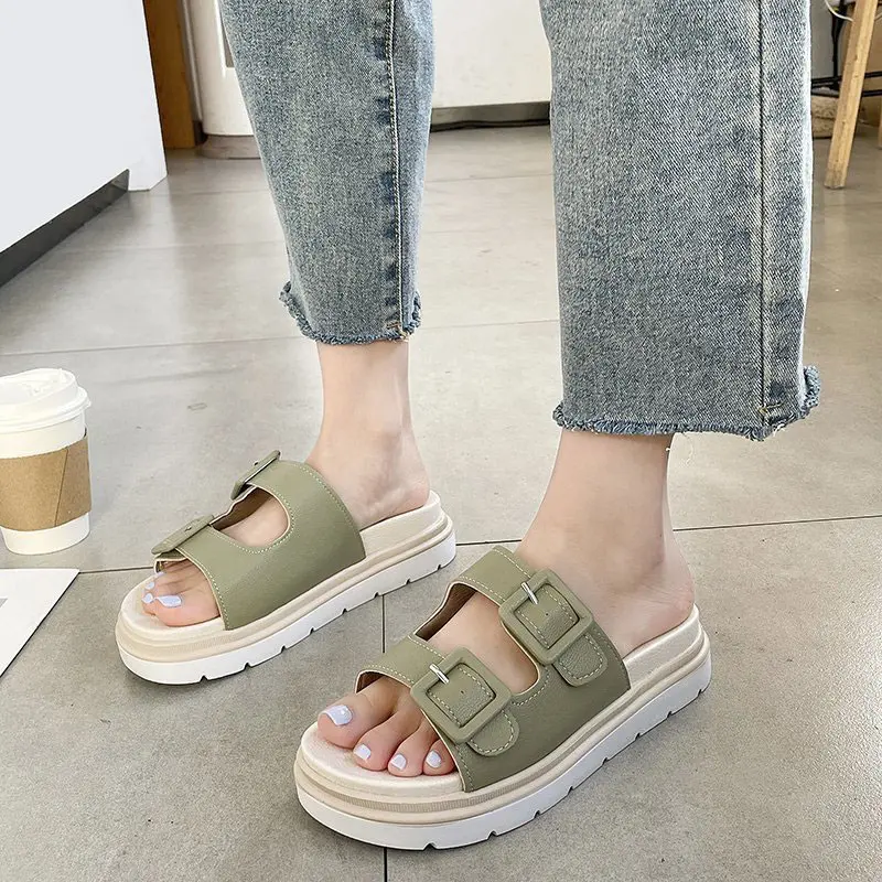 

2022 Korean Style Summer Women's Sandals Stitching Surface Buckle Thick Bottom Slippers Ladies Harajuku Style Flat Casual Shoes