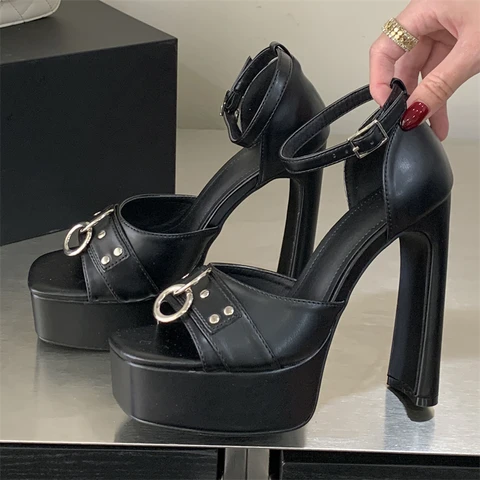 Aneikeh/летние сандалии на платформе с квадратным носком на высоком каблуке в стиле панк с металлической пряжкой и украшением, женская обувь для вечеринок Sandalias De Mujer