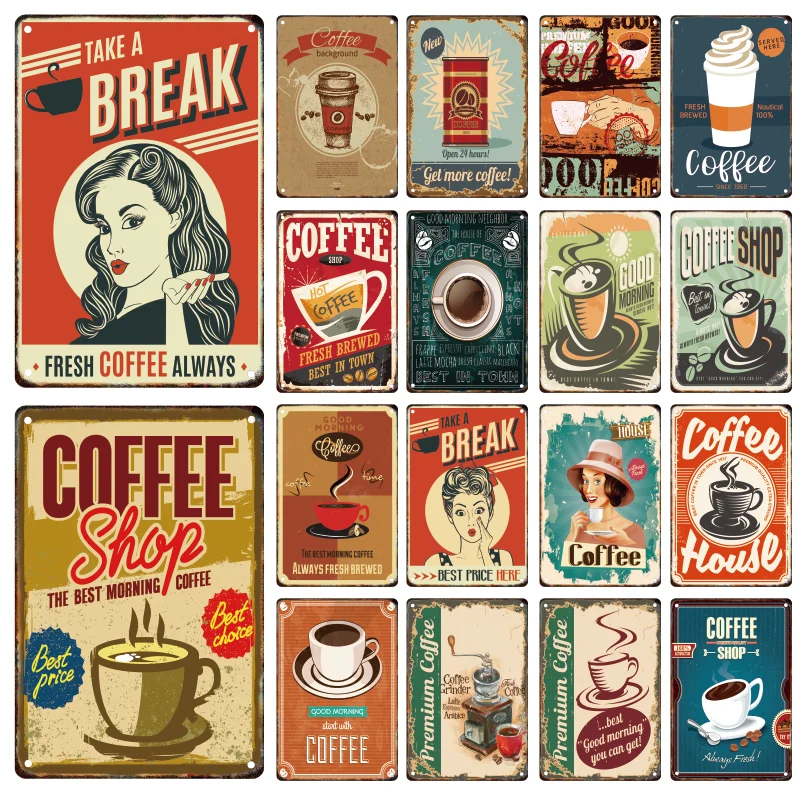 

Vintage Coffee Metal Poster Signage Tin Painting Advertising Signs Home Restaurant Cafe Bar Club Wall Art Decor Mural Aesthetics