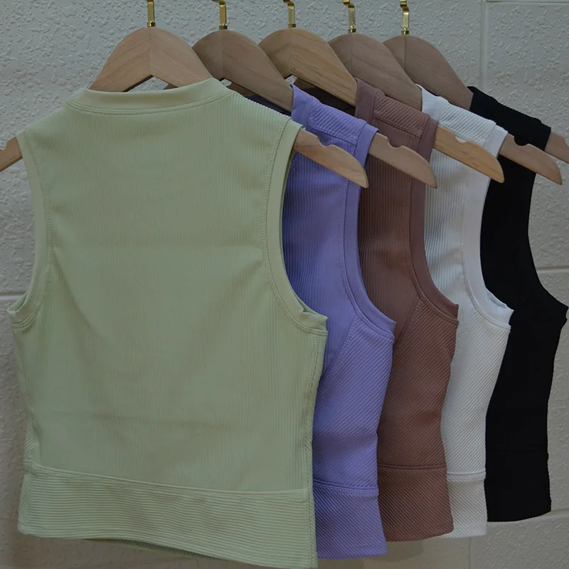 Lulusolid Yoga Vest Ribbed Stretchy Padded Sport Bra Women Fitness Sleeveless Breathable Athletic Shirts Gym Running Active Wear