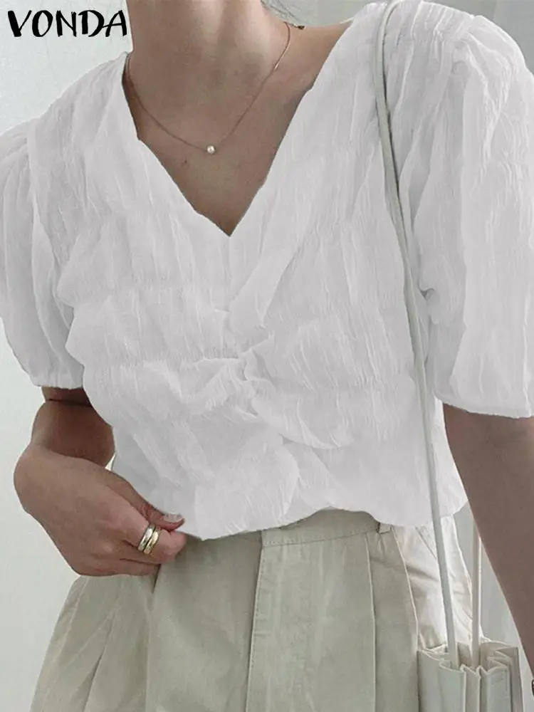 

VONDA 2022 Stylish Casual Baggy Solid Chemise Pleated Tops Blusas Women Short Sleeve V Neck Blouses Shirts Oversized Femininas