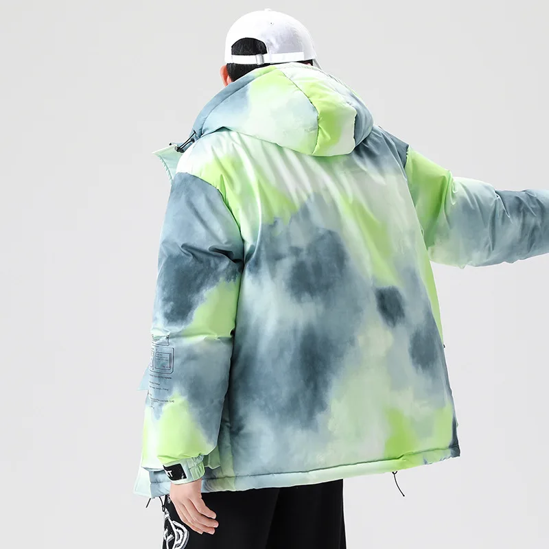 2022 Tie Dye Down Winter Coats Men Japanese Fashion Loose Thick Workwear Warm Coat Gradient Color Hooded Jackets couple clothes