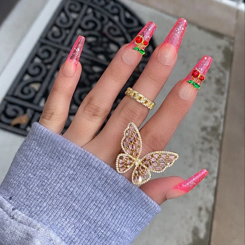 New Simple Full Rhinestone Butterfly Ring Vintage Pink Gold Finger Adjustable Ring For Women Fashion Jewelry Wedding Gifts