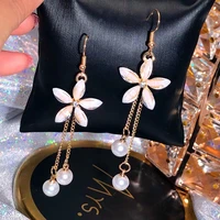 korean ladies hook flower earrings long pearl gold tassel earrings versatile new for women fashion 2020 dangle