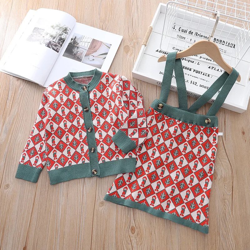 

Girls Knitting Clothes Sets Spring Autumn 1 To 6 Years Old Children Woolen Jackets Overall Skirt 2pcs Party Suit For Baby Outfit