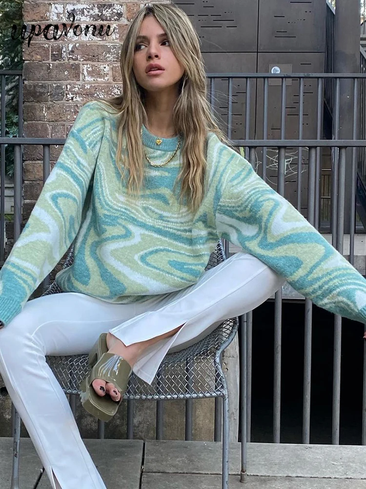 

Женский вязаный свитер с принтом граффити, повседневный Свободный пуловер с длинным рукавом и круглым вырезом в уличном стиле, весна 2022