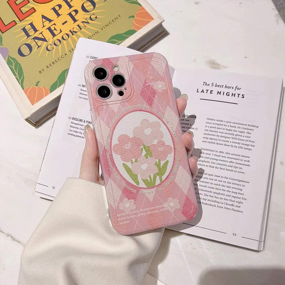 

For iPhone11 pro max Phone case 12/13aesthetRetro Art Oil Painting Tulip Flowers forGirl Powder checkerboard Case Soft Silicone