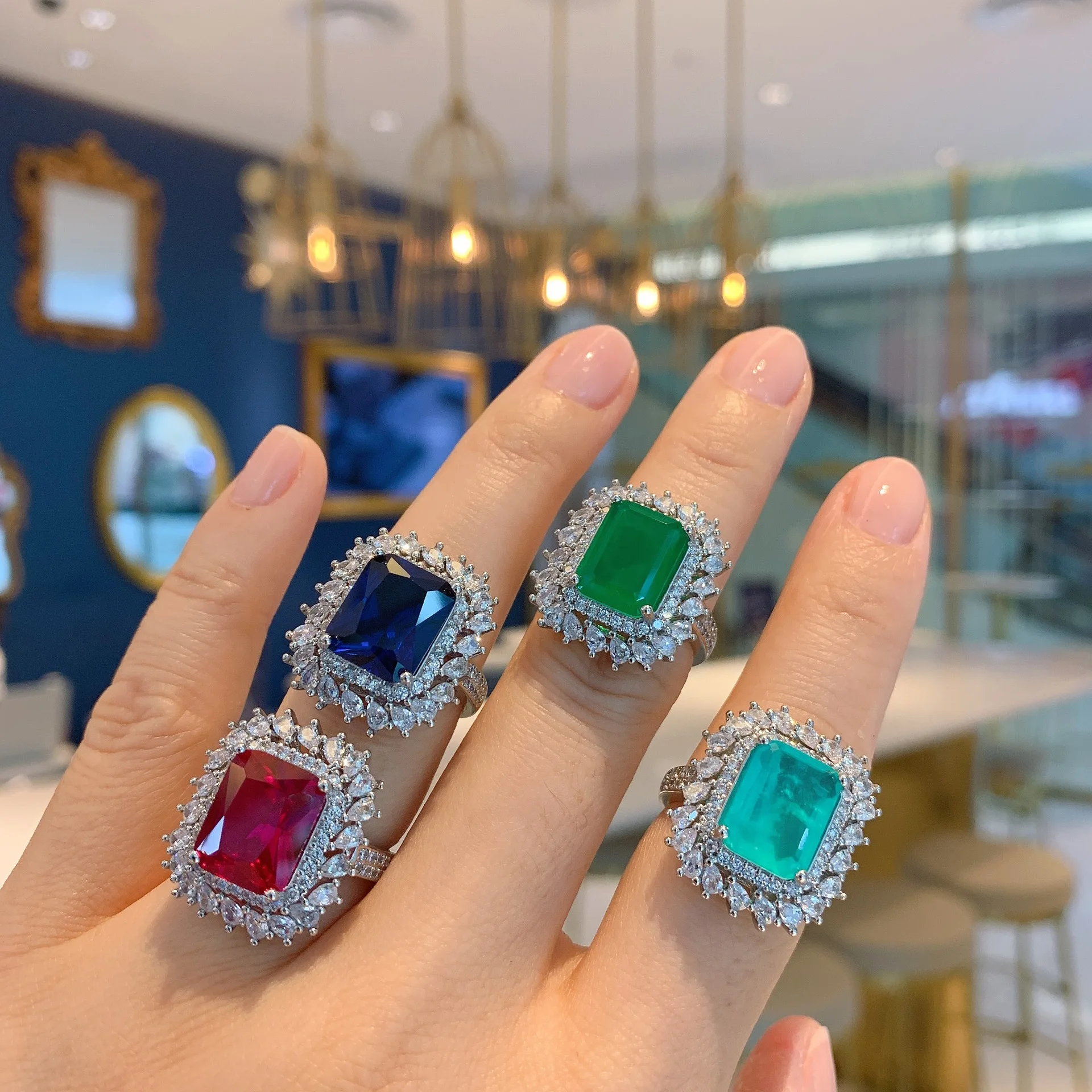 

Emerald Sapphire Ruby Palaiba Ring Luxury Cubic Zirconia Elegant Brilliant Attractive for Women Evening Party Jewely Accessories