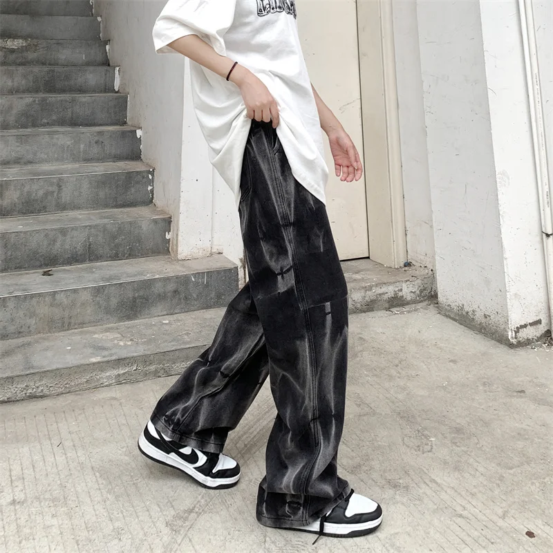 Black Baggy Jeans Men Fashion Retro Casual Tie Dye Straight Jeans Mens Japanese Streetwear Hip-hop Loose Denim Trousers Men