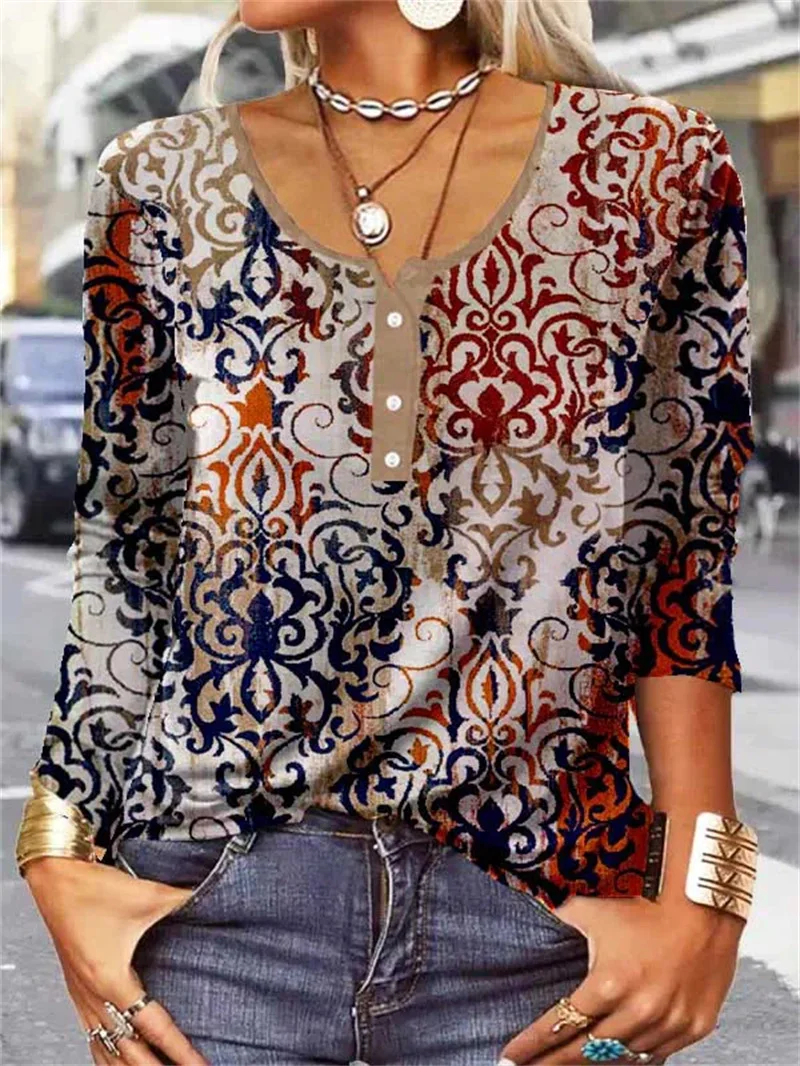 

Women's Autumn And Winter Loose Long-Sleeved Geometric Flower U-Neck Button T-Shirt Women Female Tops Lady Clothing