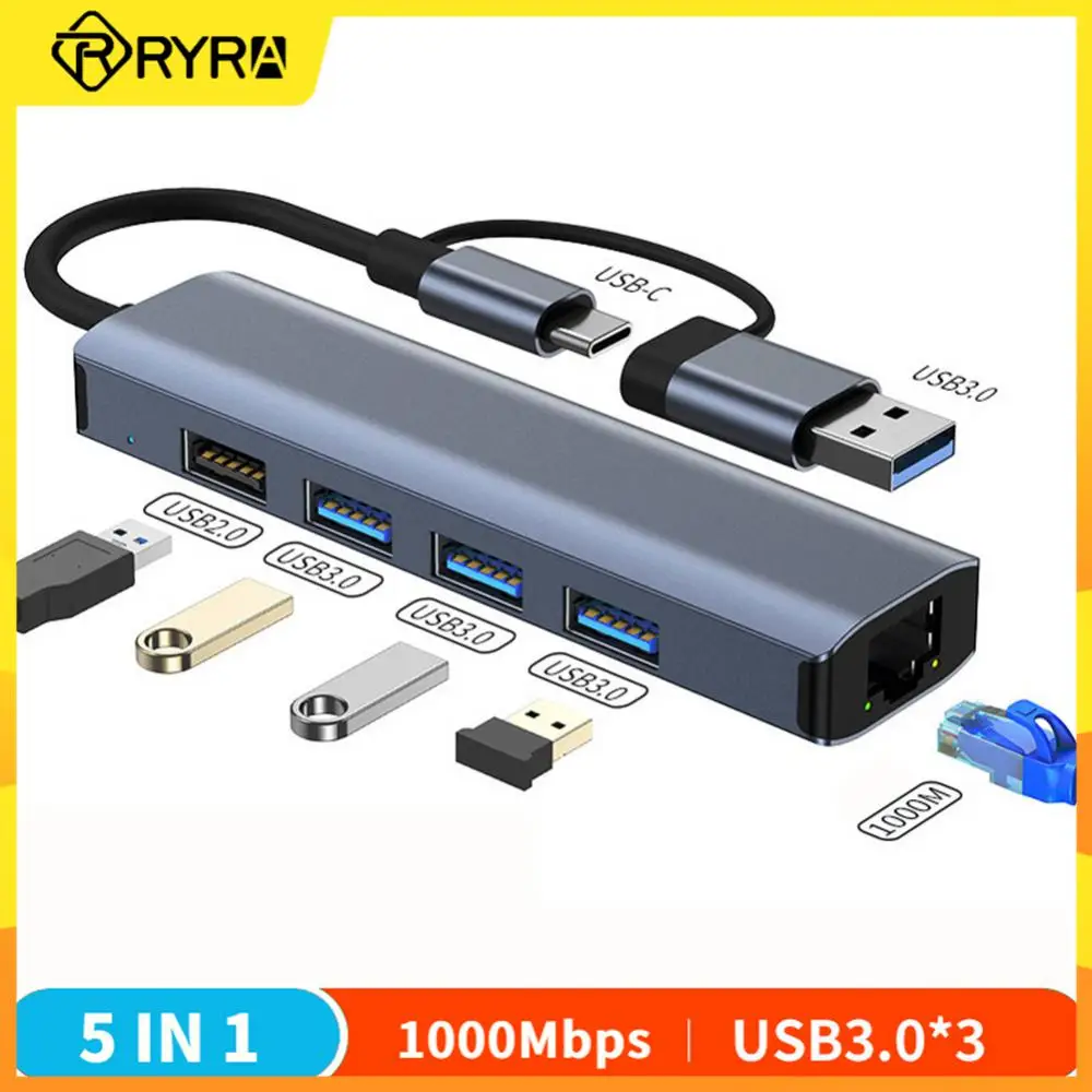 RYRA 5 In 1 USB-C 1000Mbps RJ45 adattatore multiporta SB 3.0 tipo C Hub Splitter per Lenovo Xiaomi Macbook PC accessori per Laptop