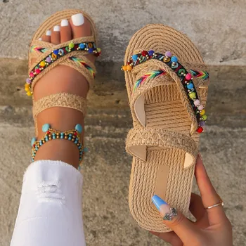 Summer Ethnic Style Slippers Round Toe Beads Weave Sole Comfortable Soft Flat Sandals Fashion Outdoor Beach Bohemia Slippers 1