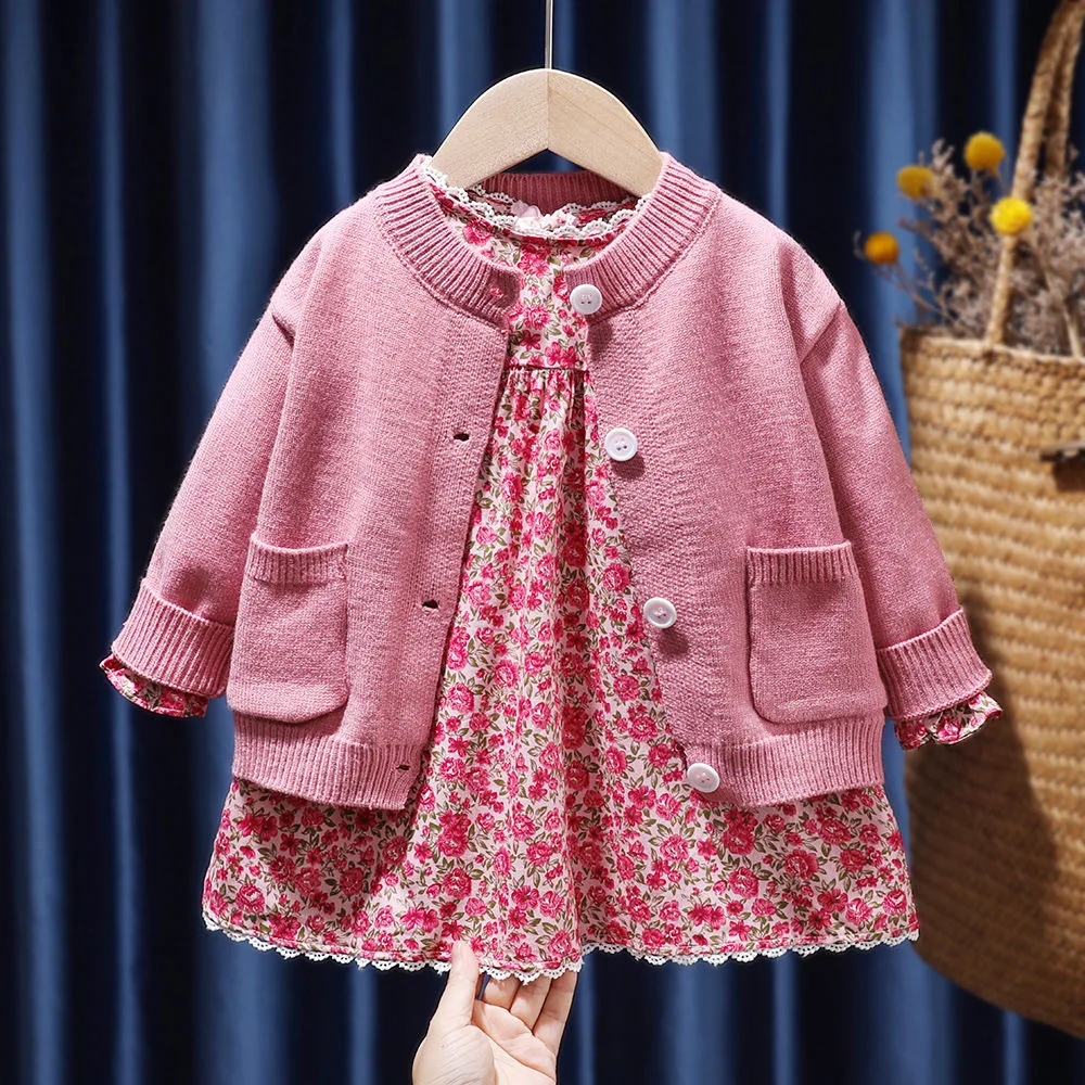 

Демисезонный комплект одежды для маленьких девочек 2022 года, кардиган, куртка + платье с принтом, Детские повседневные Элегантные костюмы из ...