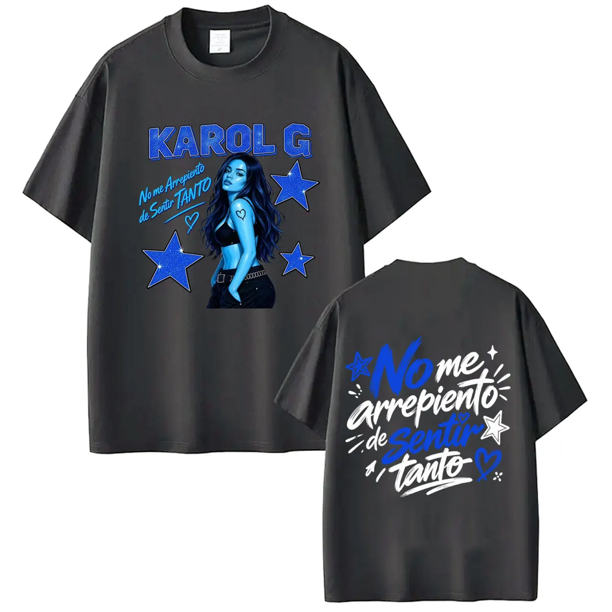 Фото Футболка с принтом Karol G Album No Me Arrepiento De Sentir Tanto 2026 для мужчин и женщин, эстетичная, модная, свободная, повседневная, из хлопка. №4