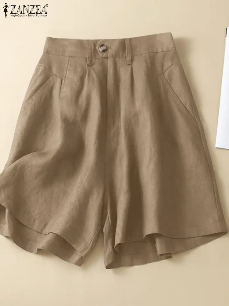 2023 Summer Casual Pockets Pants ZANZEA Vintage Cotton Short Women Elastic Waist Solid Loose Beach Trousers Female Capris