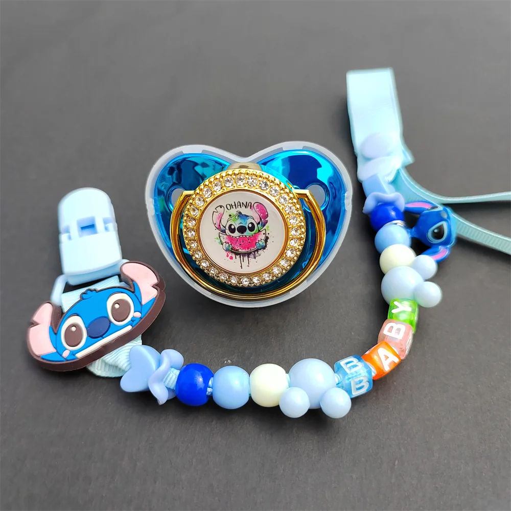 

[1 Set ] Disney Lilo & Stitch Movie Image Print Silicone Beads Pacifier with Clip Newborn Nursing BPA Free Teething Teethers