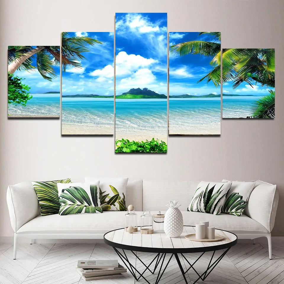 

5 Panels Landscape Tropical Coast Beach Green Palm Tree Canvas Painting Posters and Prints Wall Art Pictures Home Decor No Frame