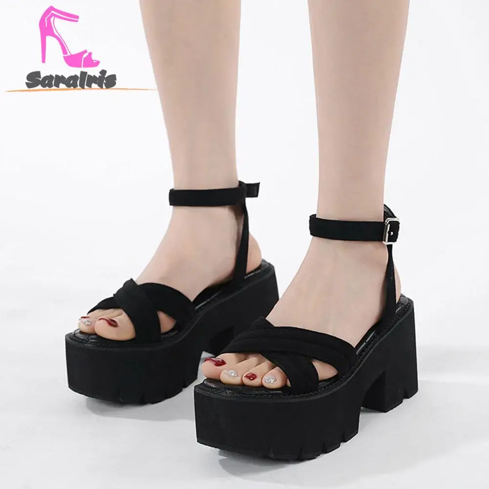 Chunky High Heeled Super Soft Bottom Sandals For Women 2023 Summer European Style Simply Casual Ankle Buckle Sandals Plus Size