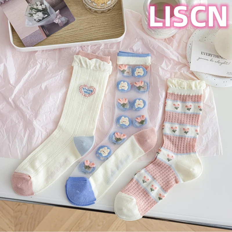 

Harajuku Summer Glass Socks Thin Colorful Floral Middle Tube Stocking For Women Girls Jacquard Underwear Japan 2023 LISCN