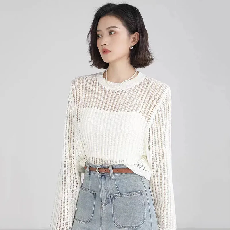 

Hollow Out Knitted Sweater Women Summer Thin Sun-Proof Long Sleeve Knitwear Female Y2K Aesthetic Pink Cropped Sweaters