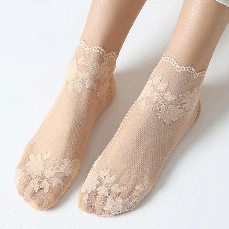 5Pairs Women Socks Summer Breathable Elastic Ladies Thin Leaves Boat Sock Thin Transparent Lace Invisible Sox Lolita Sokken