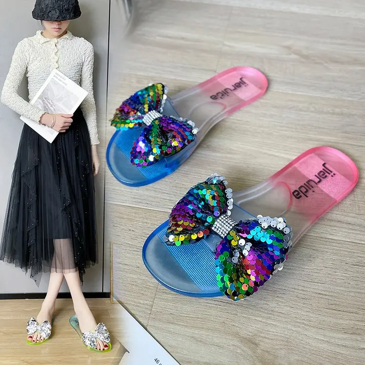

Slippers Women's Transparent Flat-heeled Sandals Sexy Colorful Sequin Bows Outside Wear 2022 Summer New Sandals and Slippers