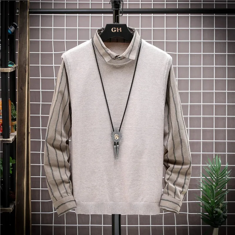 

2023 Autumn Fashion Comfortable Fake Two Pieces Lattice Sweater Men's ClothingNew Casual Pullovers Loose Lapel Spliced Knitted