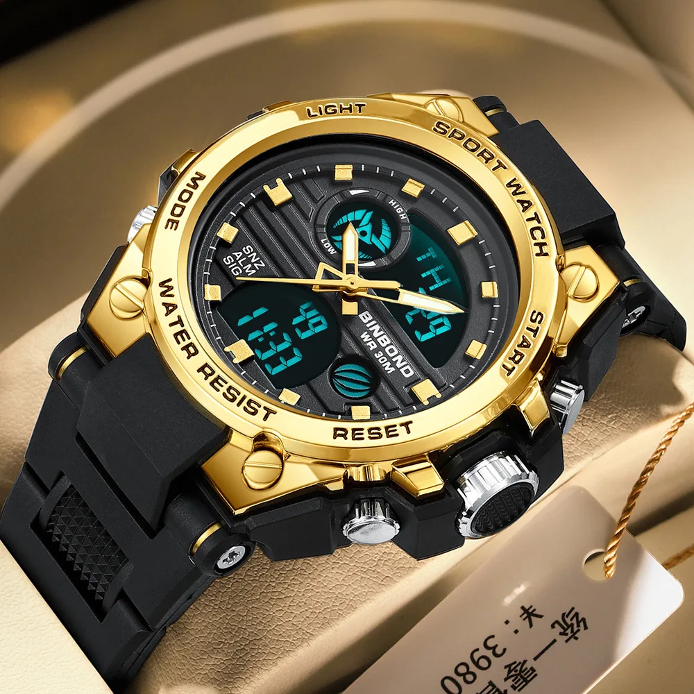 Новинка 2023, модные спортивные золотые электронные часы, мужские силиконовые военные водонепроницаемые многофункциональные светящиеся цифровые наручные часы с будильником